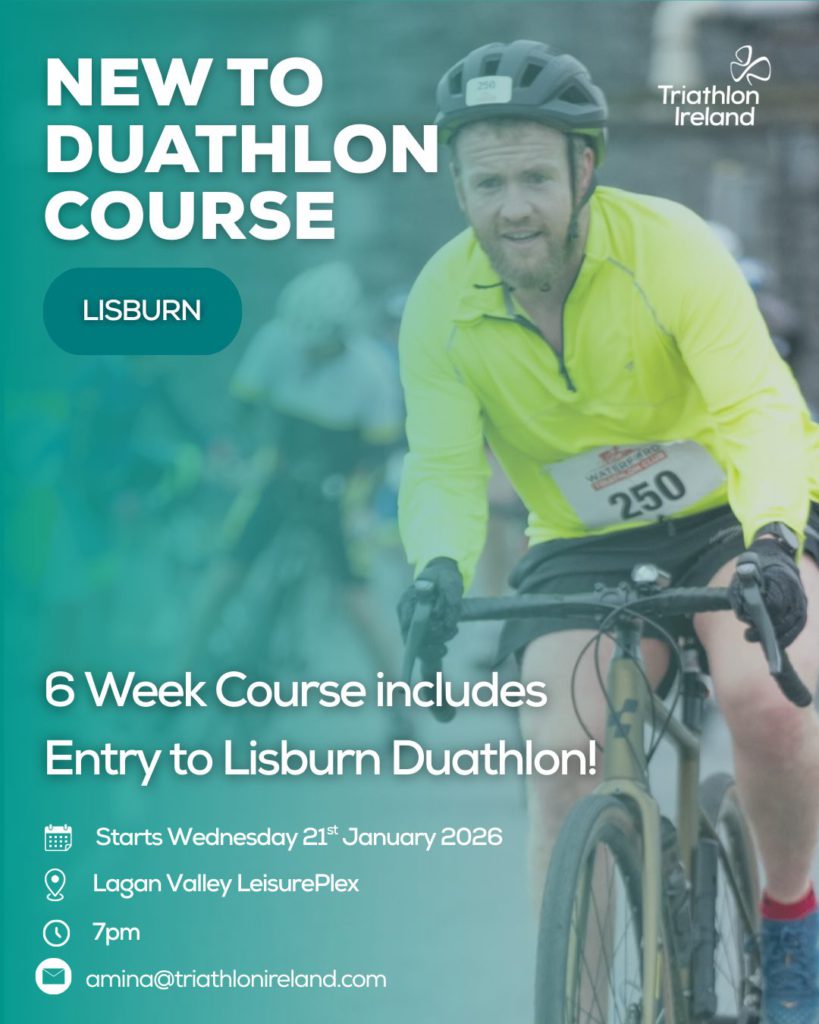 New to Duathlon Course Lisburn Flyer. Man in yellow jacket cycling on bike at duathlon.