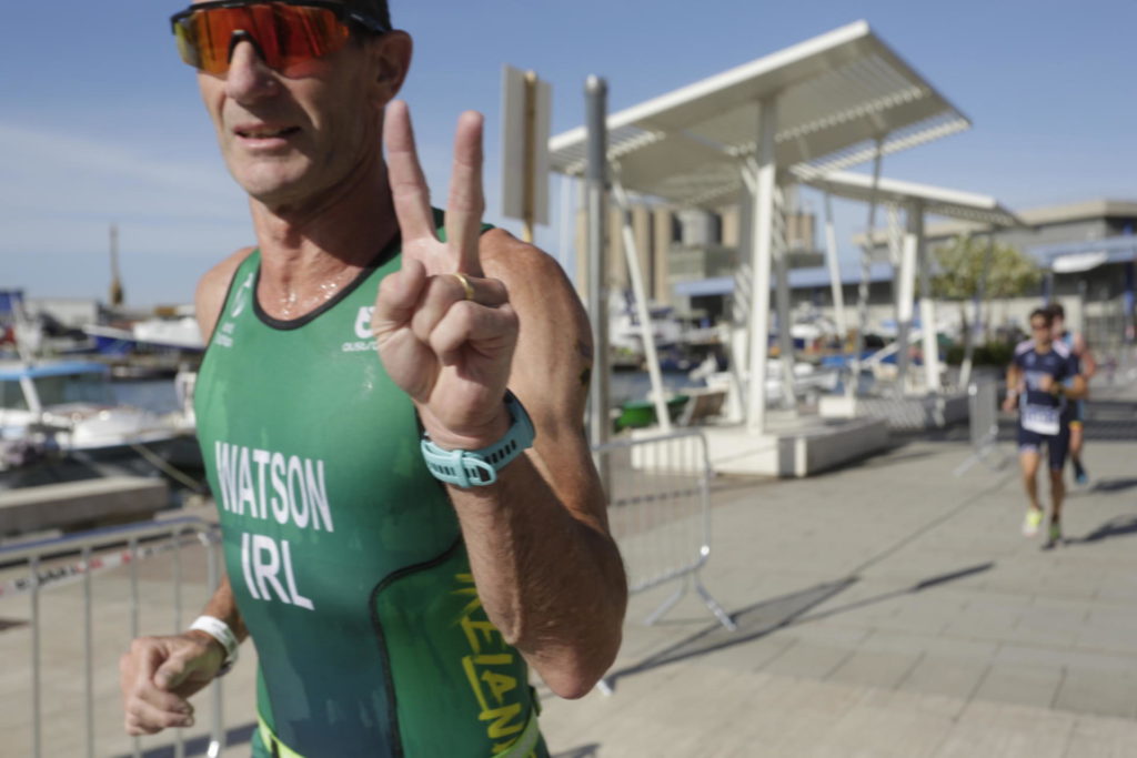 Nigel Watson Tri Team Ireland Tarragona 2026 athlete showing peace sign