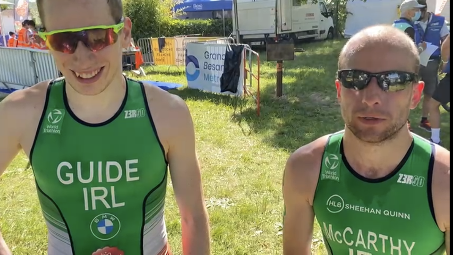 Donnacha McCarthy and guide Niall Cornyn being interviewed after their race